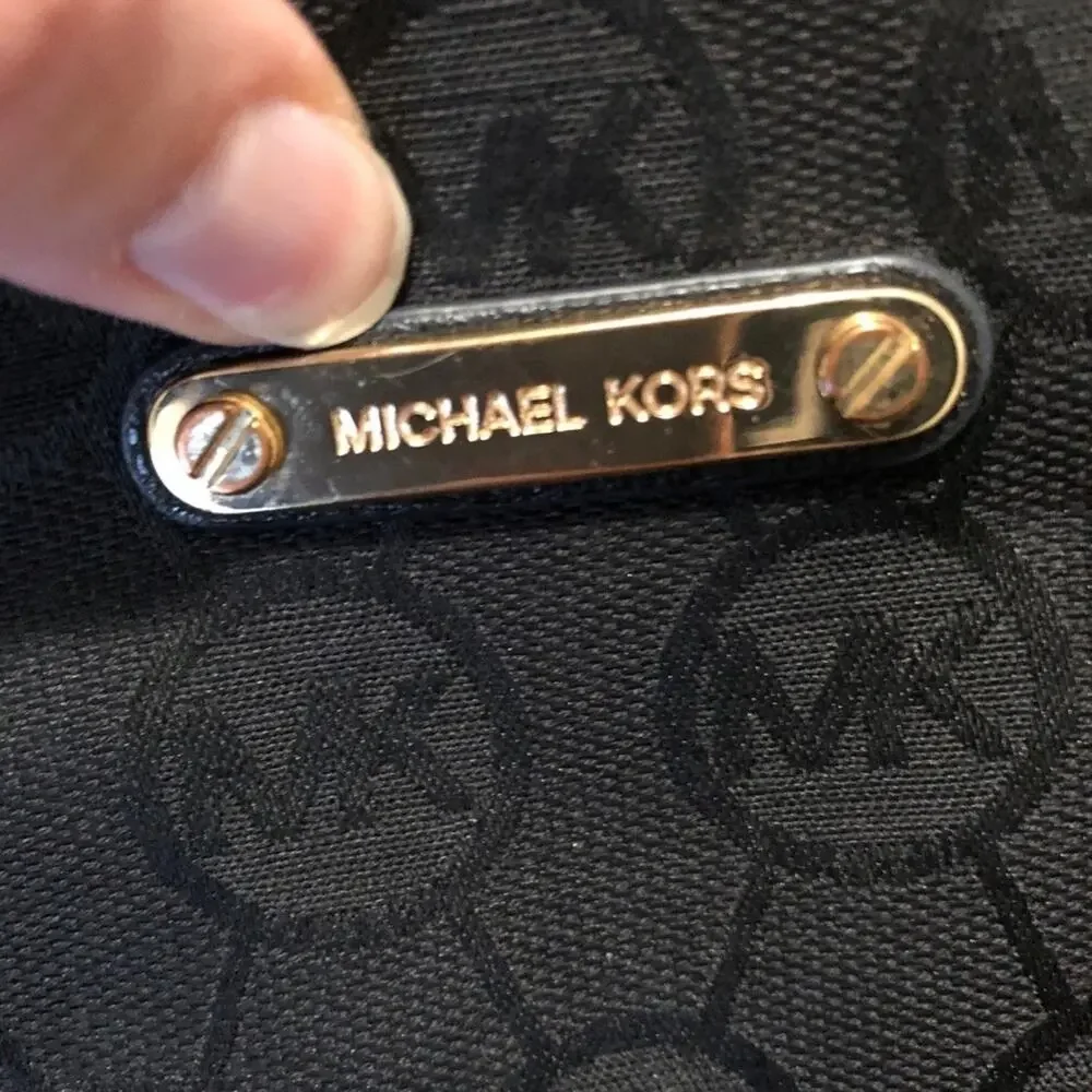 MICHAEL KORS Signature Tote Canvas Handbag Black LOGO Shoulder Bag Purse Gold